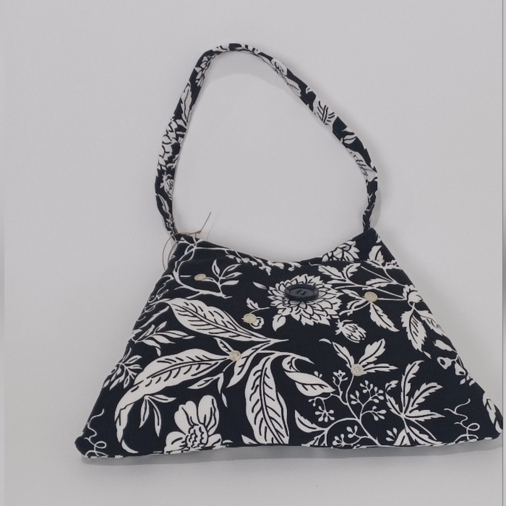 Triangular Black and White Shoulder Bag with Floral Design!